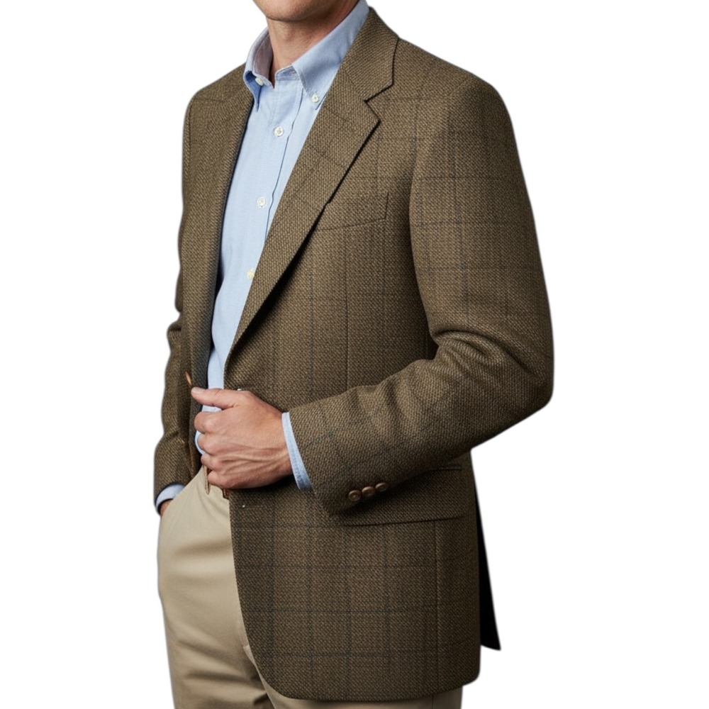 Nordstrom Classic Collection Mens Blazer 39R Brown Wool Silk‎ Windowpane Checker